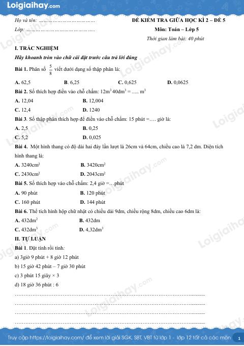 Đề số 5 - Đề kiểm tra giữa học kì 2 - Toán lớp 5